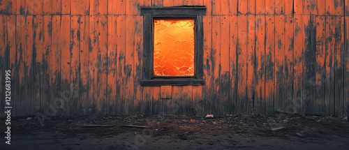 A rustic wooden wall featuring a warm, glowing window, evoking feelings of nostalgia and comfort against a vibrant sunset. photo