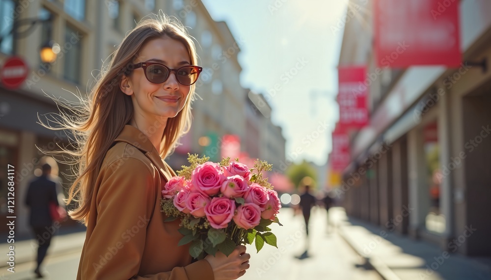 Fototapeta premium Smiling woman holding roses on sunny street, celebrating Womens Day with joy