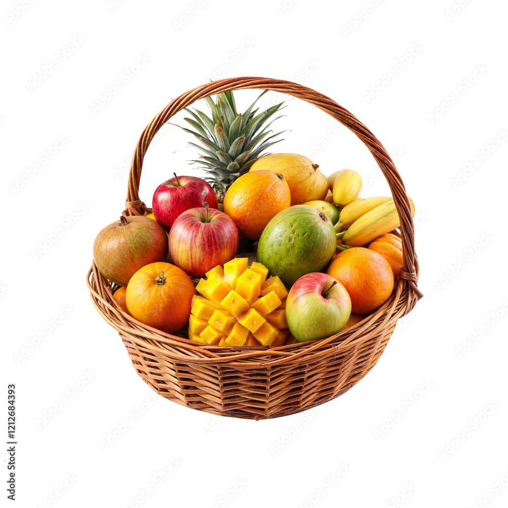 A Basket of Tropical Bounty: A visually appealing still-life showcases a woven basket overflowing with a vibrant assortment of fresh and exotic fruits. A Basket of Tropical Bounty: A visually appealing still-life showcases a woven basket overflowing with a vibrant assortment of fresh and exotic fruits.