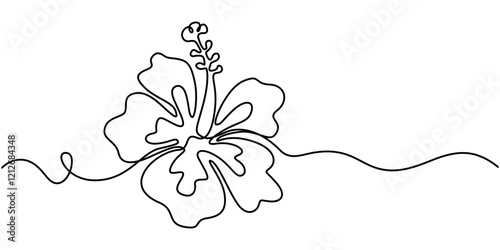 Hibiscus Flower Continuous Line Drawing  with Editable Stroke, Continuous one line drawing of beauty fresh hibiscus for park garden logo identity. Printable poster rose mallow flower concept for home 