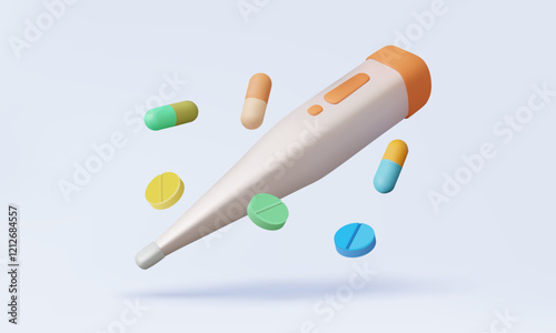 Medical electronic thermometer with drug doctor Healthcare service vitamin vaccine dispense medicine pill medicament diagnosis protection report medical information 3d vector illustration