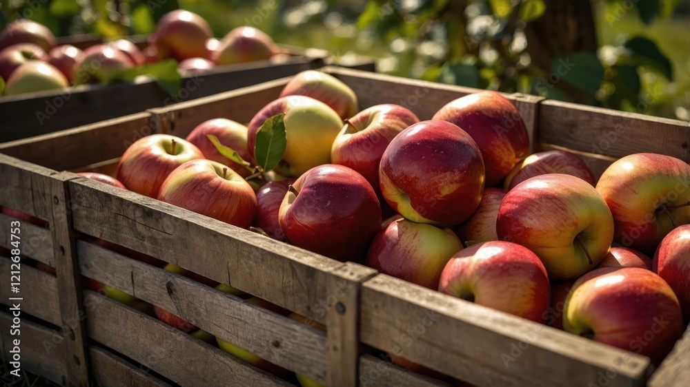 A wooden crate filled with fresh, ripe apples in a sunny orchard setting. A wooden crate filled with fresh, ripe apples in a sunny orchard setting.