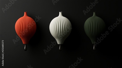 Vibrant balloons in contrasting colors, evenly spaced and suspended mid-air against a deep black background for a striking minimalistic effect