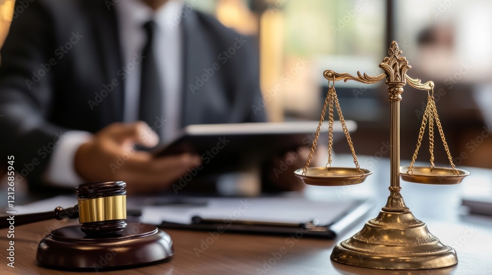 Lawyer Reviewing Documents with Scales and Gavel Lawyer Reviewing Documents with Scales and Gavel