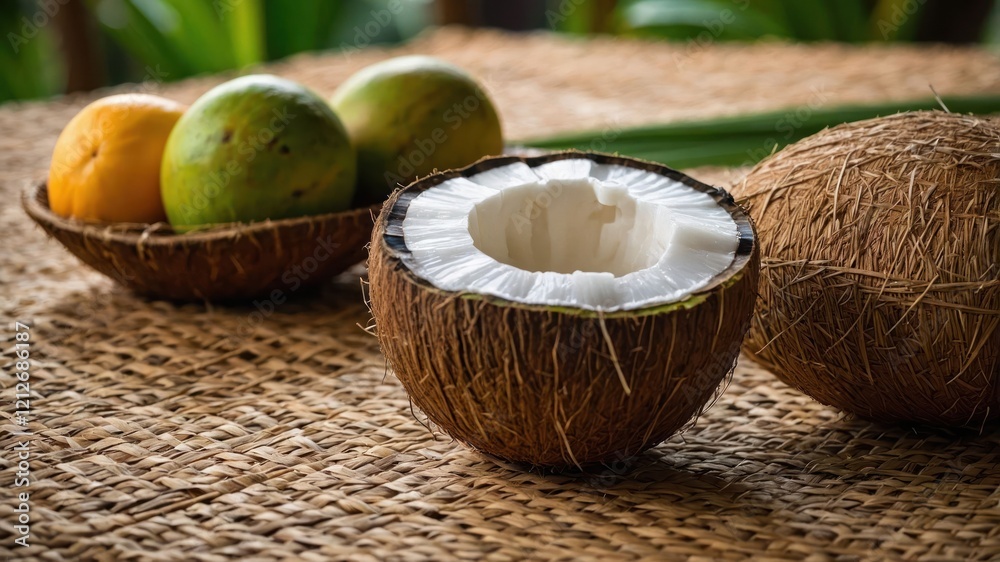A split coconut reveals its white flesh, accompanied by fruits in a woven bowl. A split coconut reveals its white flesh, accompanied by fruits in a woven bowl.