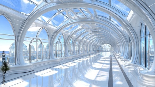 Futuristic White Hallway With Cityscape Views