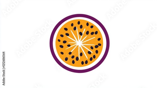 A minimalist vector design of a cut passionfruit with seeds, drawn with vibrant purple and yellow hues on white.
