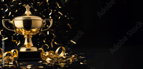Generative AI. Gold trophy with festive confetti