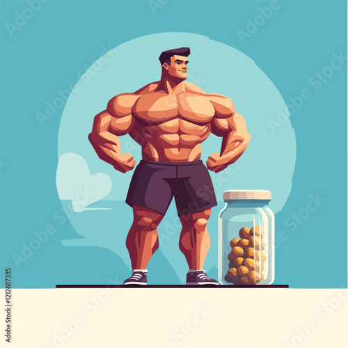 Illustration of a sporty guy with a jar of food supplements. Bodybuilding. Strong man.