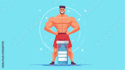 Illustration of a sporty guy with a jar of food supplements. Bodybuilding. Strong man.