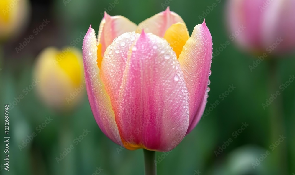 Close up view of a pink and yellow tulip adorned with water droplets after a refreshing rain Close up view of a pink and yellow tulip adorned with water droplets after a refreshing rain