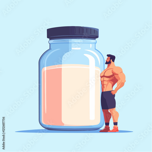 Illustration of a sporty guy with a jar of food supplements. Bodybuilding. Strong man.