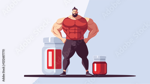 Illustration of a sporty guy with a jar of food supplements. Bodybuilding. Strong man.