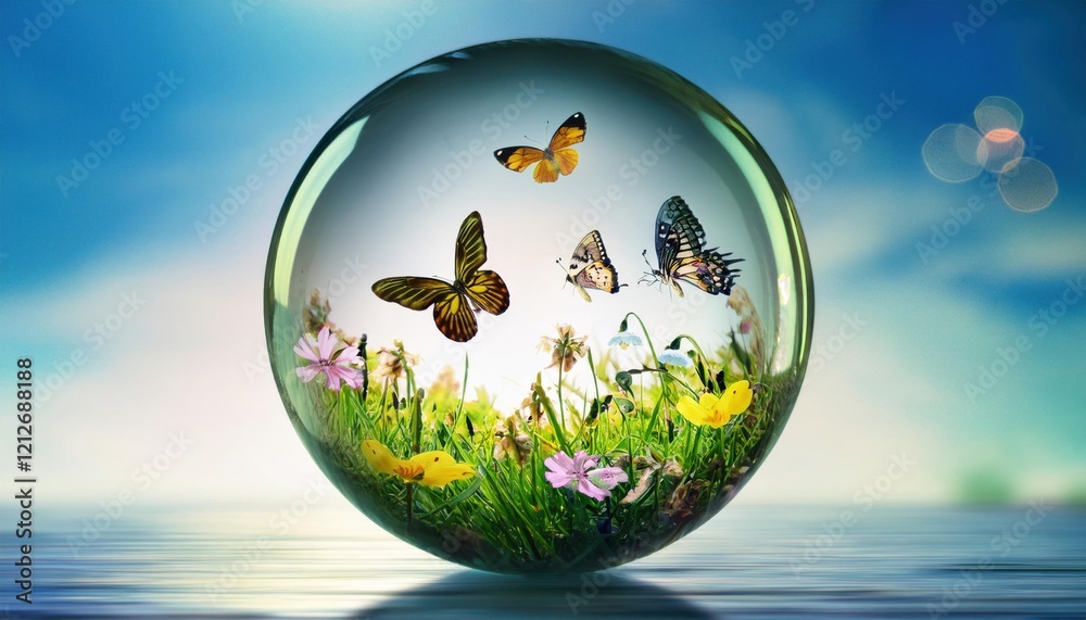 Naklejka premium Beautiful butterflies gracefully flutter above blooming flowers in a serene spring setting.