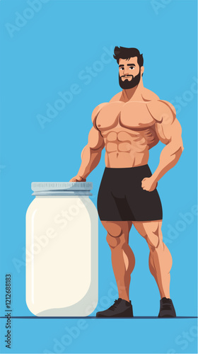 Illustration of a sporty guy with a jar of food supplements. Bodybuilding. Strong man.