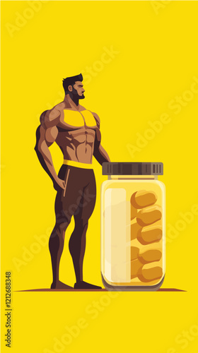 Illustration of a sporty guy with a jar of food supplements. Bodybuilding. Strong man.