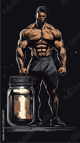 Illustration of a sporty guy with a jar of food supplements. Bodybuilding. Strong man.