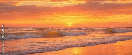 Bright orange and yellow waves roll towards the shore during a stunning sunset