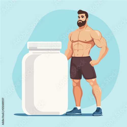 Illustration of a sporty guy with a jar of food supplements. Bodybuilding. Strong man.