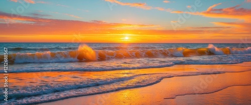 Bright orange and yellow waves roll towards the shore during a stunning sunset.