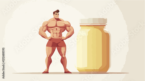 Illustration of a sporty guy with a jar of food supplements. Bodybuilding. Strong man.