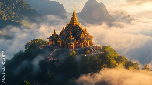 Thai temple floating above a cloud-covered mountain range, glowing with golden light 