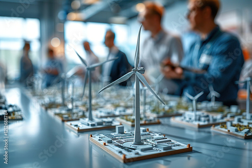 Wind turbine mock-up with sharp details on table, executives gesturing and exchanging ideas nearby photo