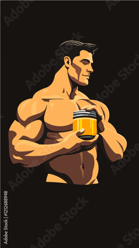 Illustration of a sporty guy with a jar of food supplements. Bodybuilding. Strong man.