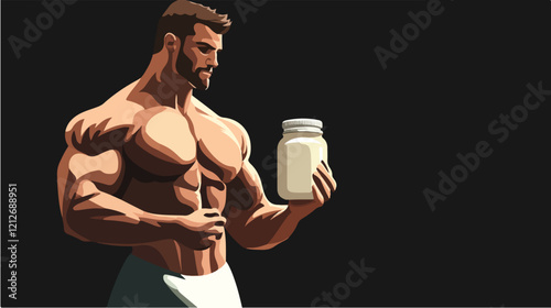 Illustration of a sporty guy with a jar of food supplements. Bodybuilding. Strong man.