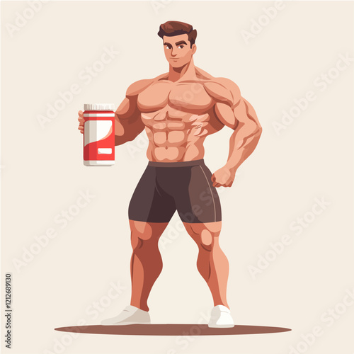 Illustration of a sporty guy with a jar of food supplements. Bodybuilding. Strong man.