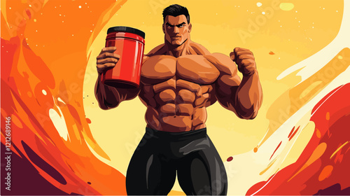Illustration of a sporty guy with a jar of food supplements. Bodybuilding. Strong man.