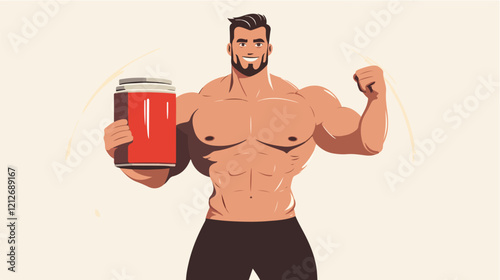 Illustration of a sporty guy with a jar of food supplements. Bodybuilding. Strong man.