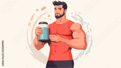 Illustration of a sporty guy with a jar of food supplements. Bodybuilding. Strong man.