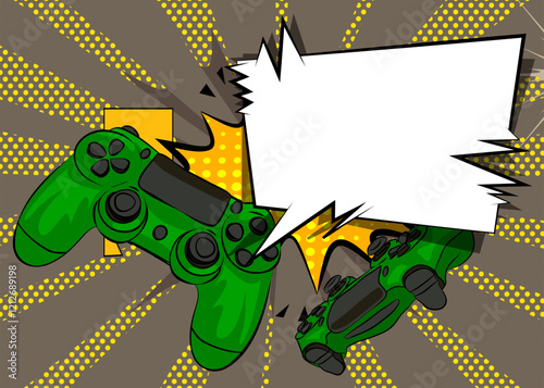 Cartoon Gaming controller with blank speech bubble, comic book Joystick background. Retro vector comics pop art design.