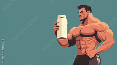 Illustration of a sporty guy with a jar of food supplements. Bodybuilding. Strong man.