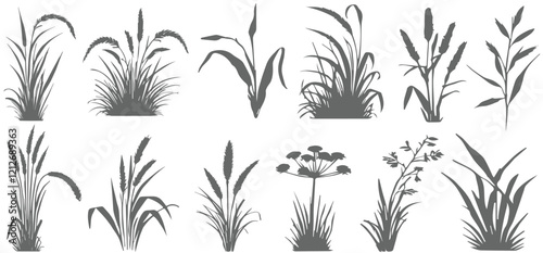 Set of grass line cad and silhouettes isolated on white background. Ground cover. Illustration for elevation architectural element, side view, grass section vector