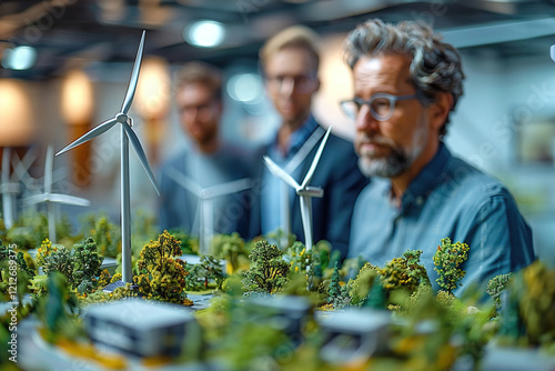 Wind turbine mock-up with sharp details on table, executives gesturing and exchanging ideas nearby photo