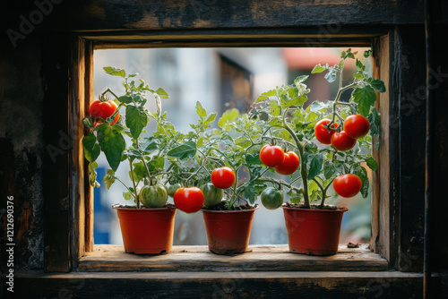 Vibrant tomato plants thriving in pots framed by weathered wooden window