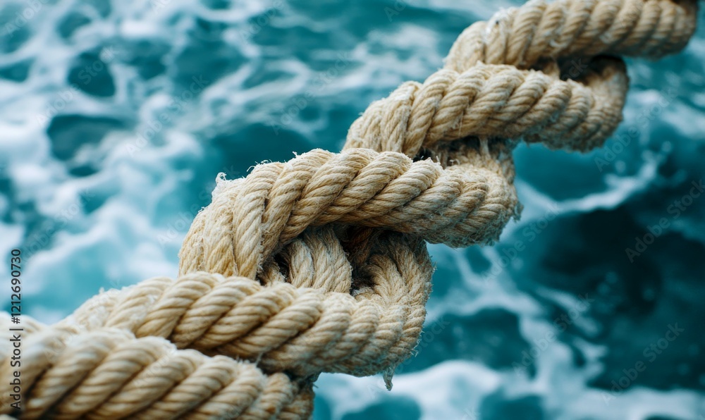 Close-Up Ship ropes on rigging of sailboat against backdrop of sea waves Close-Up Ship ropes on rigging of sailboat against backdrop of sea waves