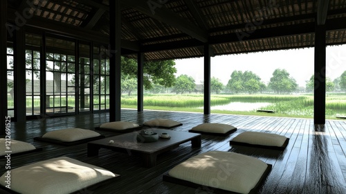 Serene Asian Pavilion Overlooking Rice Paddies