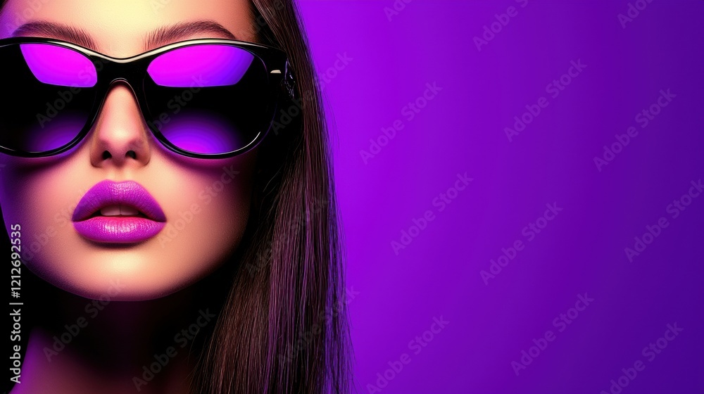 A woman with purple lips and sunglasses against a purple background.