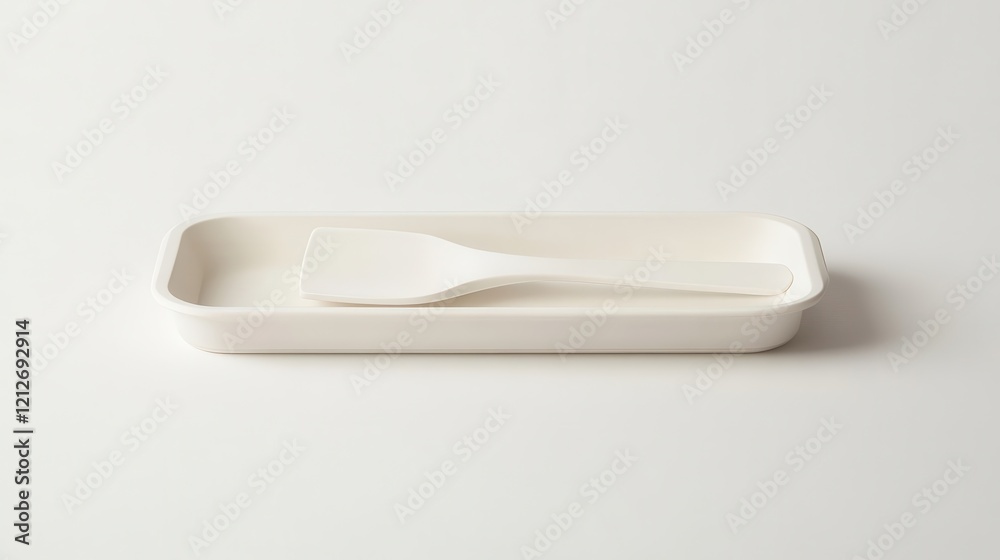 Simple White Tray with Plastic Spatula on Plain Background Simple White Tray with Plastic Spatula on Plain Background