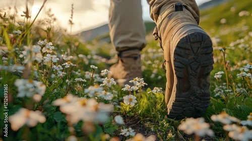 Closeup of male legs hiking in nature and flower photo