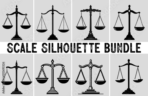 Weight Balance Scale Silhouette Vector Bundle. Justice Scale Silhouette set. Law, Balance Illustration. 