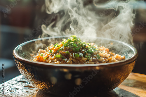 Steaming bowl of savory rice dish, garnished with fresh green onions. A delicious and aromatic meal. photo