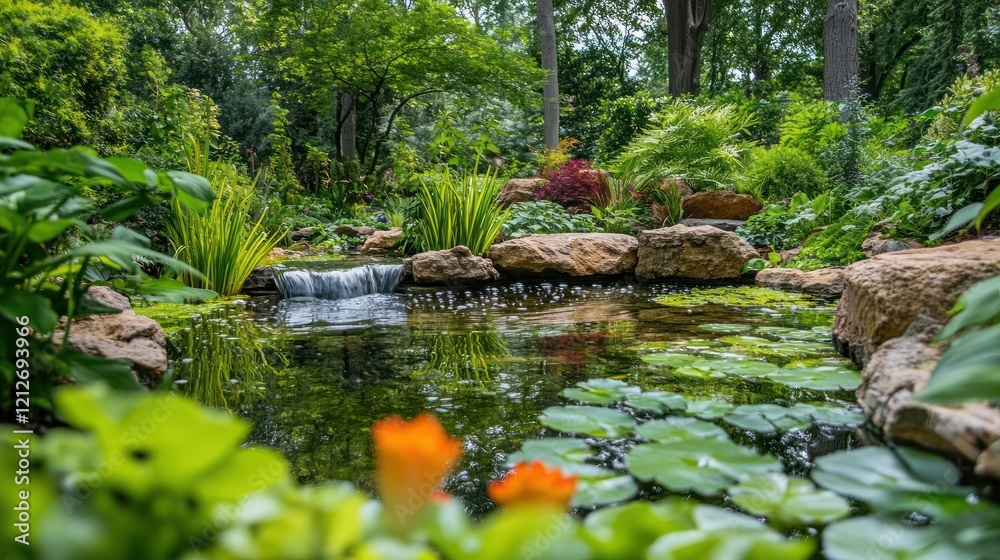 Serene Garden Waterfall Pond Landscape Serene Garden Waterfall Pond Landscape