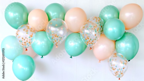 Colorful balloons abstractly arranged on a neutral minimalist backdrop with clean lines and balanced spacing