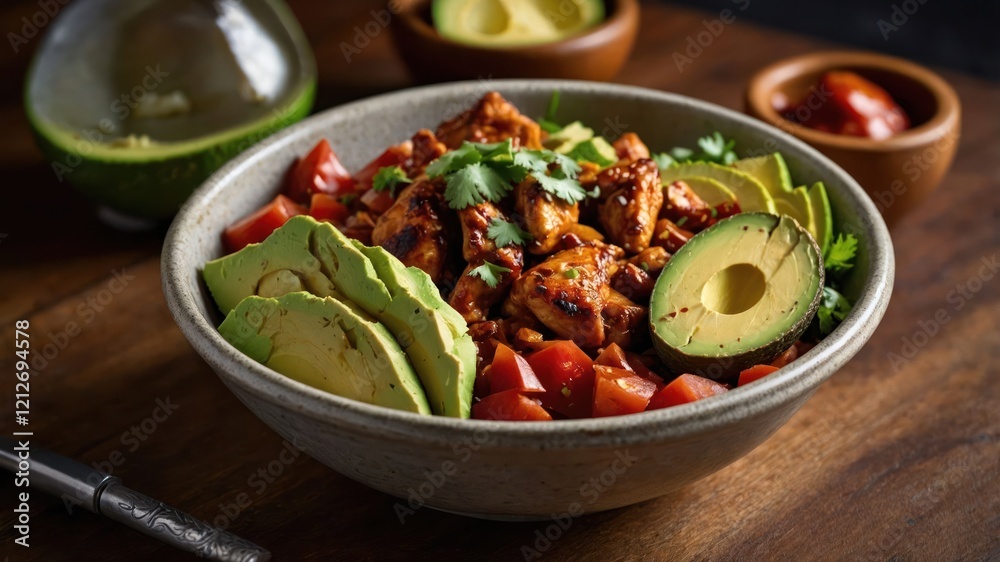 A vibrant bowl of chicken salad with avocado, tomatoes, and herbs. A vibrant bowl of chicken salad with avocado, tomatoes, and herbs.