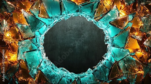 An artistic glowing circular disk made of shattered glass fragments photo