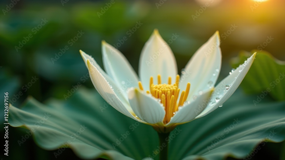 Fototapeta premium Close-up of a pink lotus flower with dew drops 